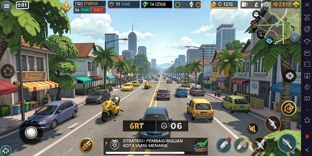 Tangkapan layar gameplay 6RT menampilkan pembangunan kota yang strategis.