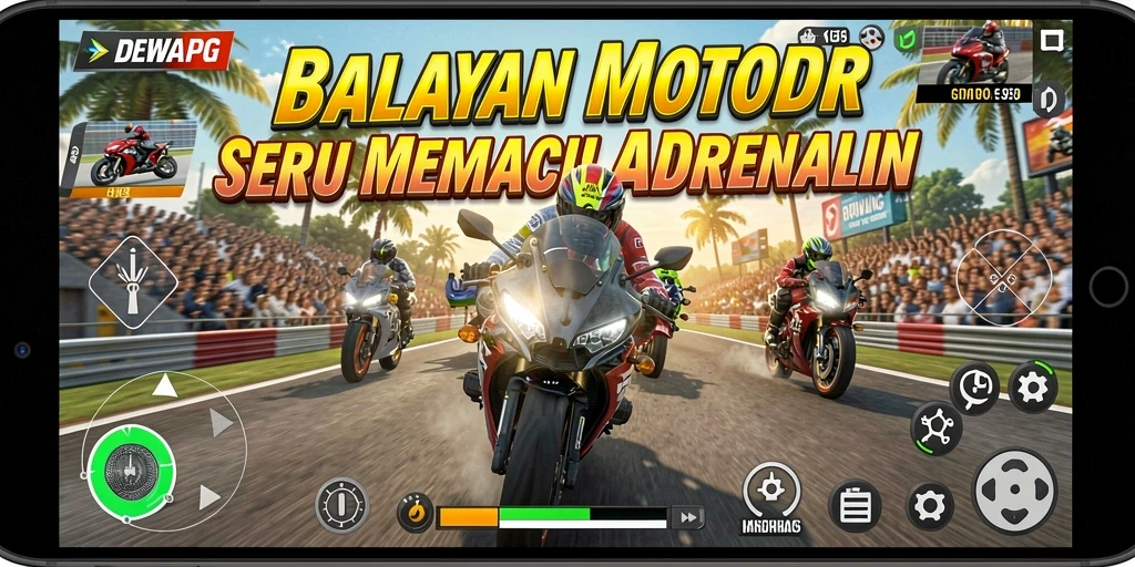 Gameplay DEWAPG menampilkan aksi balapan motor yang mendebarkan.
