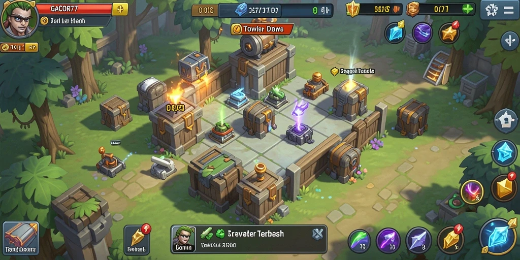 Gameplay GACOR77 menampilkan pertempuran seru dalam Tower Defense.