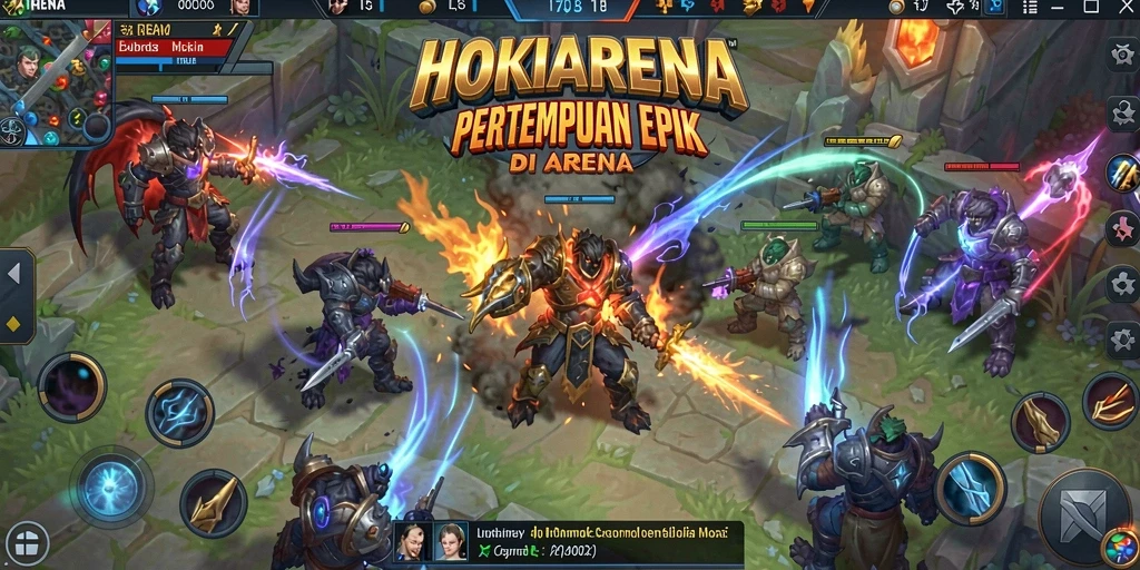 Gameplay HOKIARENA yang menegangkan di arena pertempuran.