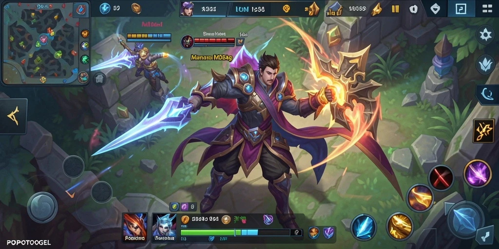 Tampilan layar permainan <strong>POPOTOGEL</strong> dengan aksi pertempuran MOBA yang intens.