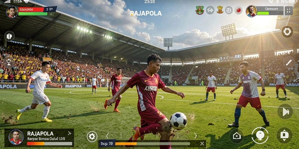Gameplay menarik dalam RAJAPOLA dengan aksi sepak bola seru.