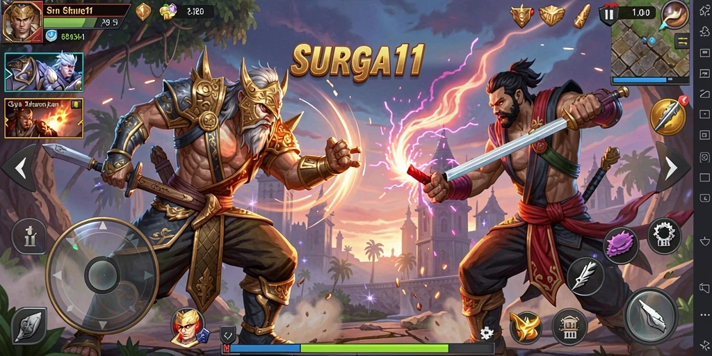 Tampilan pertarungan epik dalam SURGA11 dengan karakter yang beraksi.