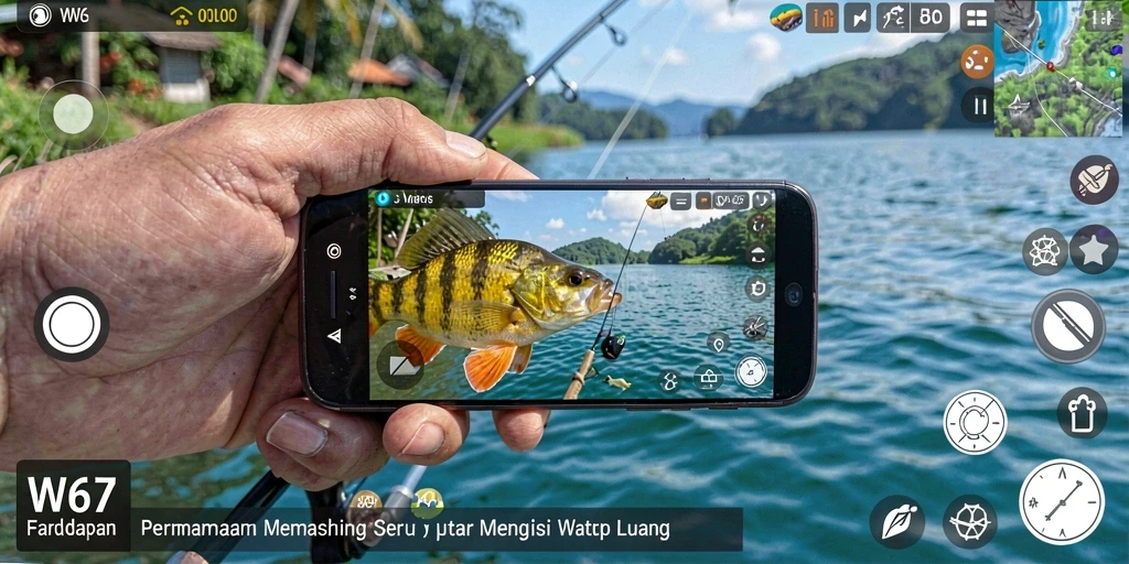 Tampilan gameplay W67 yang memukau saat memancing ikan.